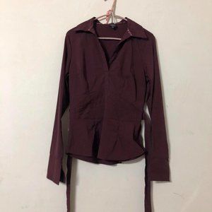 Burgundy blouse with tie belt detailing